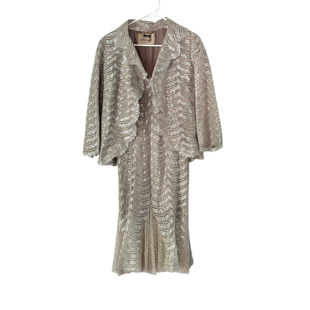 Vintage Blumarine Made in Italy Silver Sequin Lace Dress & Jacket Set Y2K Formal